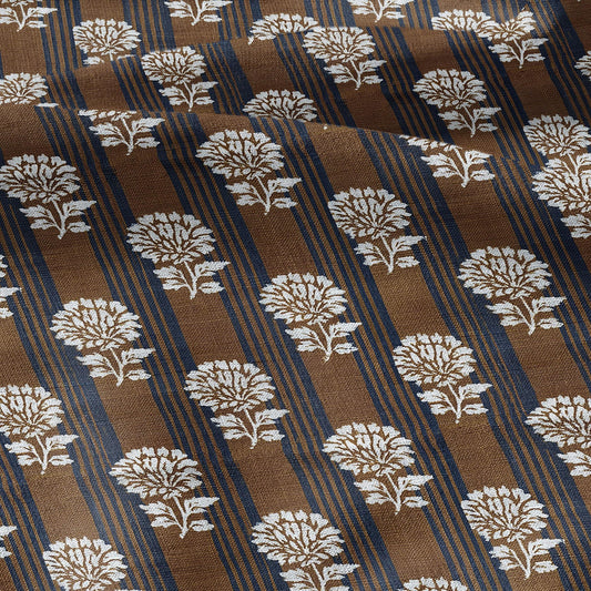100% LINEN Fabric Brown blue flower block print - botanical textile artisan fabrics  3800