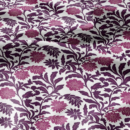 100% LINEN Fabric Purple floral block print on white - heavy linen fabric for upholstery home decor or medium for dress making 2372