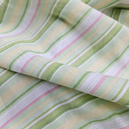 Premium Linen striped Fabric in pastel green white | Medium weight multicolor stripes Andalusia Stripe for clothing home textile