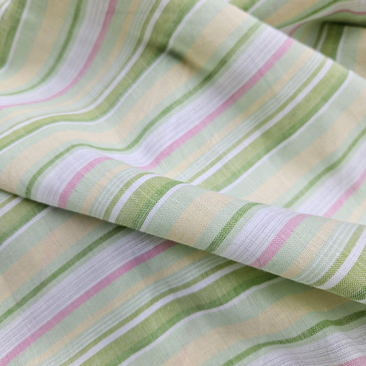 Premium Linen striped Fabric in pastel green white | Medium weight multicolor stripes Andalusia Stripe for clothing home textile