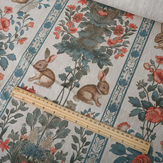 100% LINEN Fabric Rabbit Vintage stripe  -  bunny floral print on oatmeal linen for home decor sewing dress clothing 2708