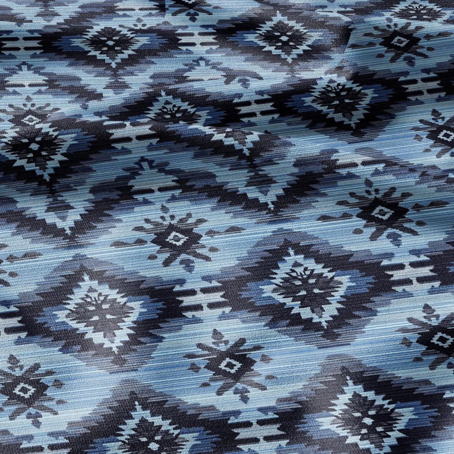 100% LINEN Fabric Ikat blue print - Modern vintage floral for upholstery dressmaking curtains home textile 2367