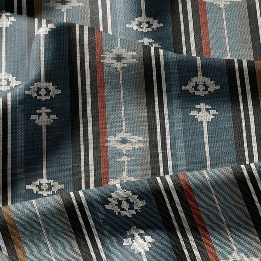 100% linen fabric green blue red tribal abstract stripe print - Vintage geometric modern geometric 3393