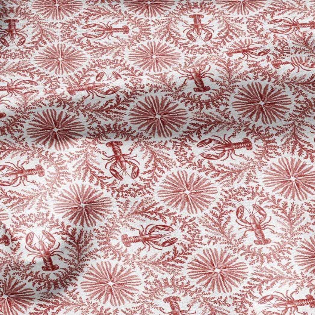 100% LINEN Fabric Red lobster print on white linen - Food print pattern on flax fabric for uphlstery heavy / medium for clothing 2573