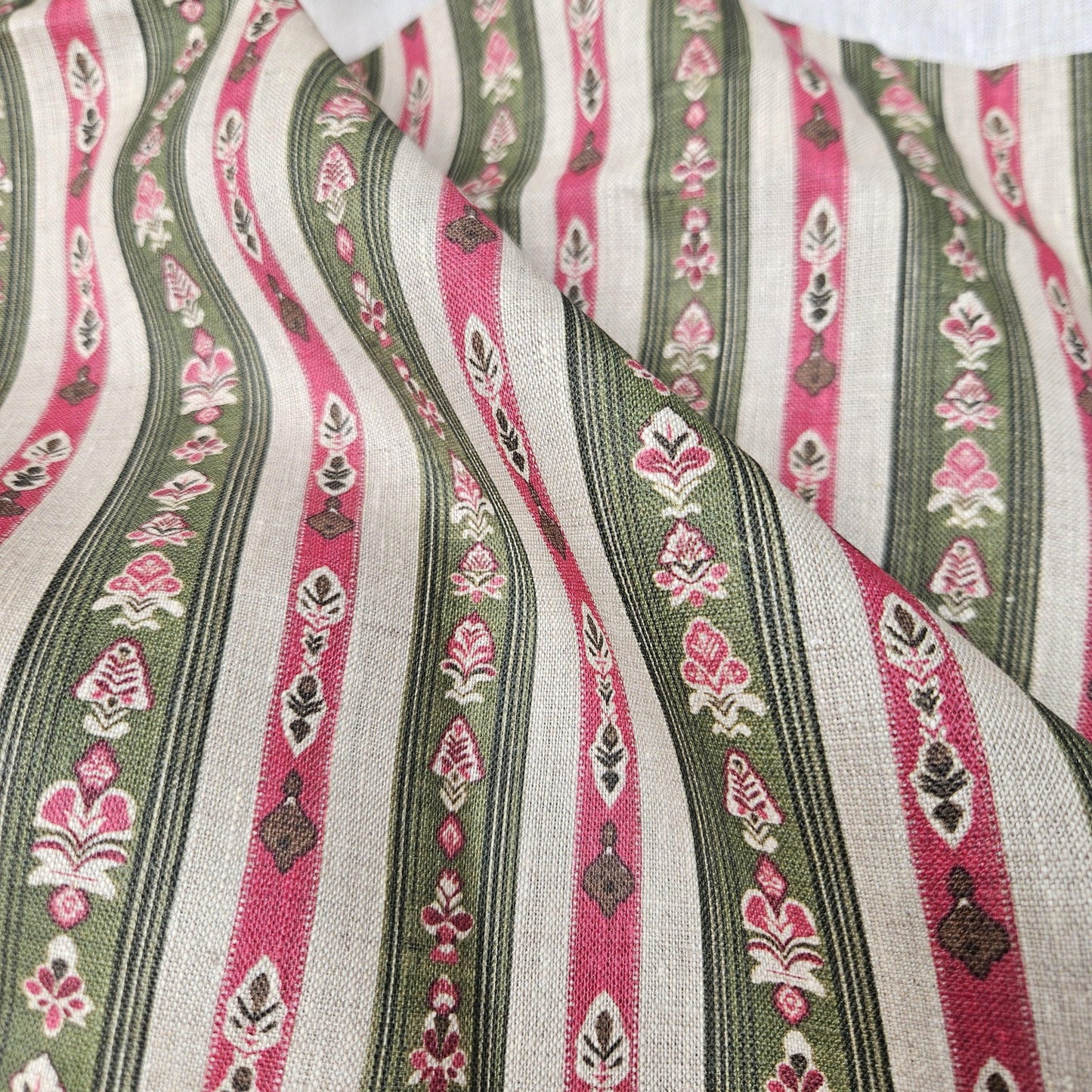 100% LINEN Fabric ethno stripe print - tribal green red print on linen print upholstery curtains dress making
