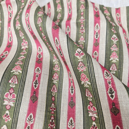 100% LINEN Fabric ethno stripe print - tribal green red print on linen print upholstery curtains dress making