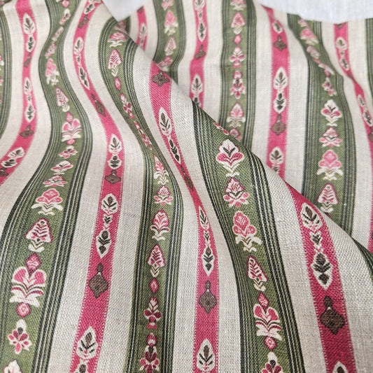 100% LINEN Fabric ethno stripe print - tribal green red print on linen print upholstery curtains dress making
