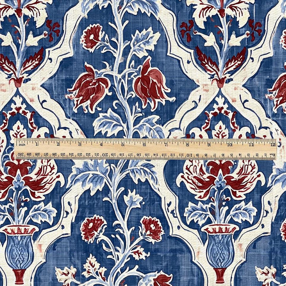 100% LINEN Fabric Indigo Garden Linen  - Hand-Drawn Floral Lattice - Indigo & Madder Floral 3424