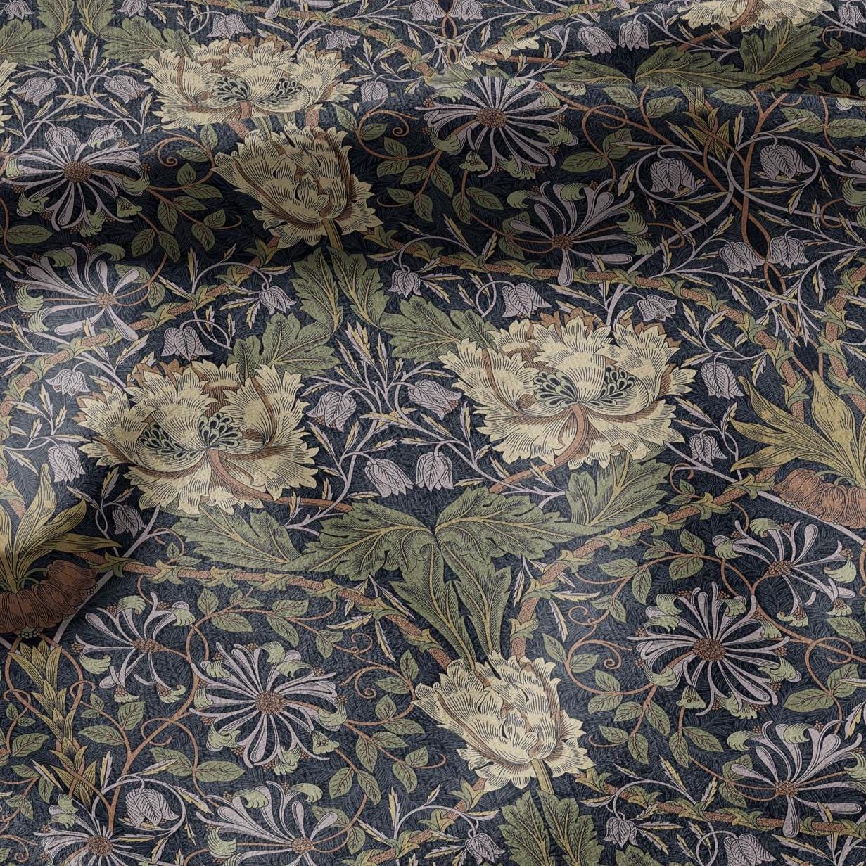 100% linen fabric William Morris Honeysuckle dark colorful print - Victorian Art crafts - Historical pattern fabric upholstery sewing 3313