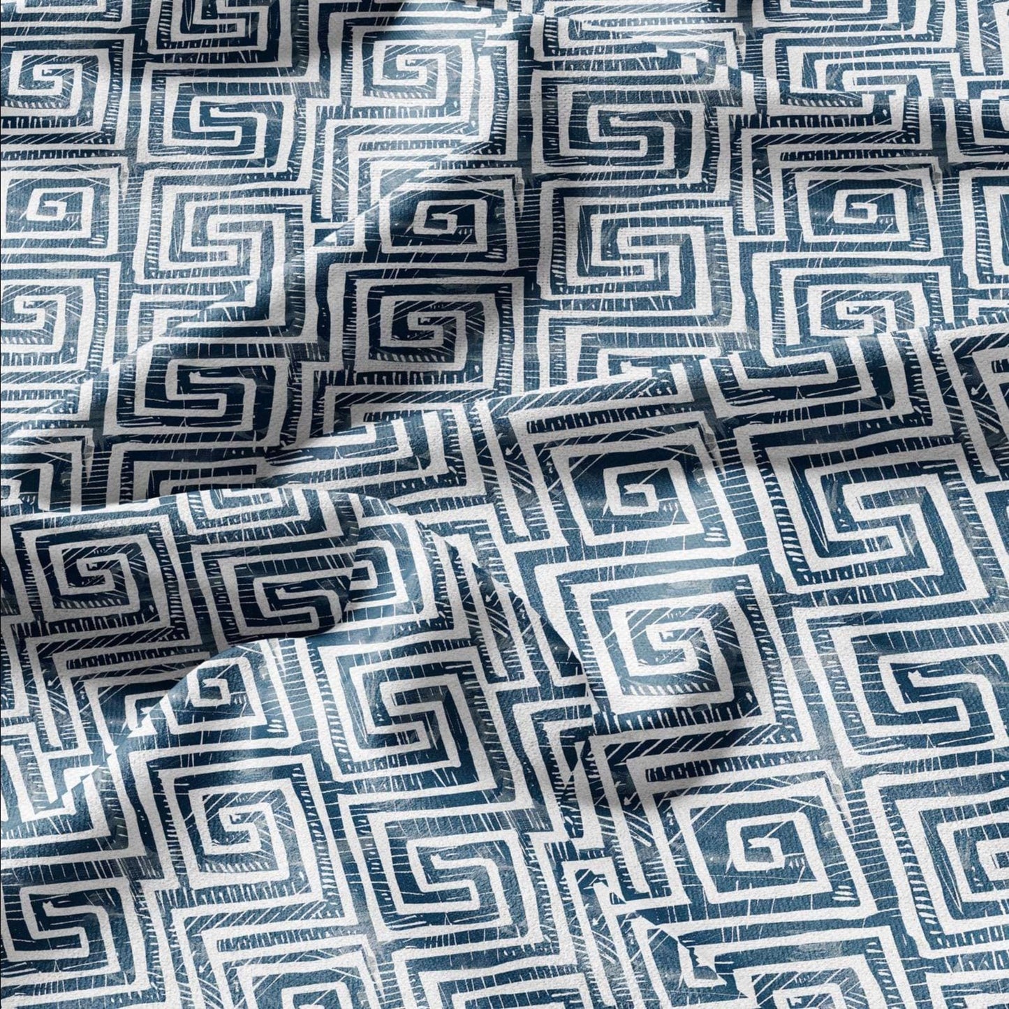 100% LINEN Fabric block Greek key Infinity print indigo blue on white - heavy linen fabric for upholstery home decor 2590