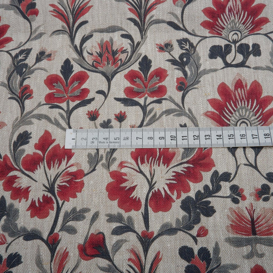 100% LINEN Fabric block print floral red black on grey, oatmeal natur linen fabric with botanical print for upholstery home decor