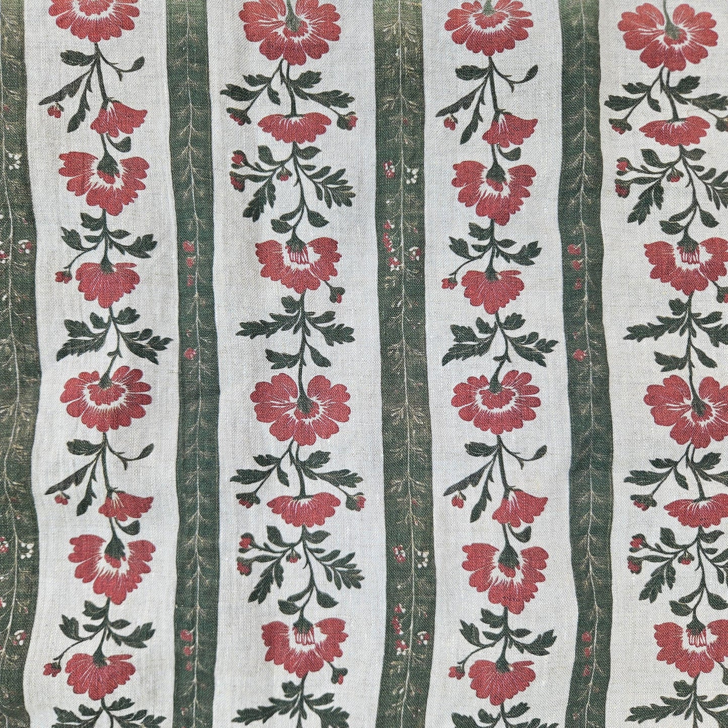 100% LINEN Fabric floral stripe block print on oatmeal linen - green red gray heavy fabric for upholstery - medium weight linen dress making
