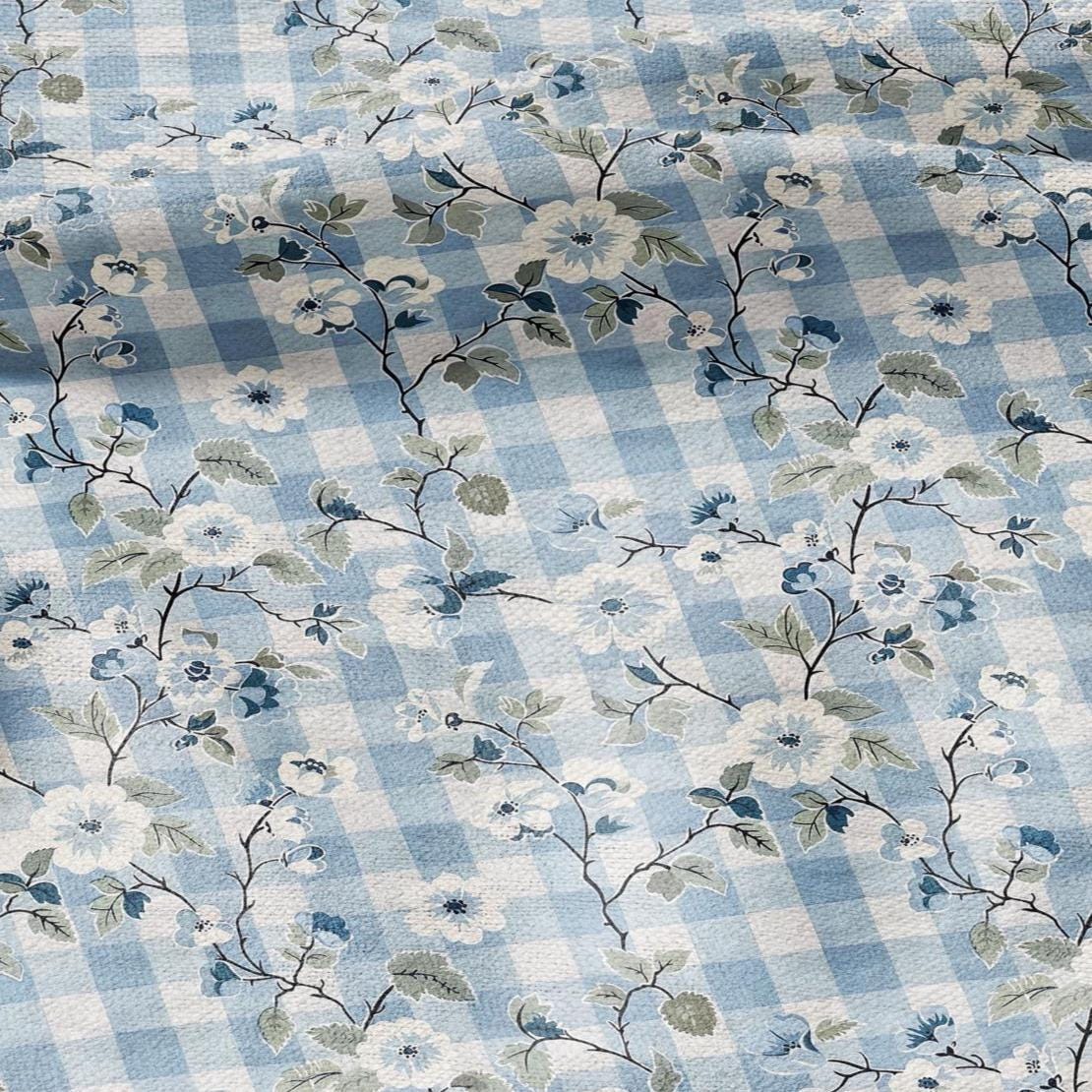 100% LINEN Fabric pink Gingham blue floral print - botanical upholstery home textile artisan fabrics blue white 2744