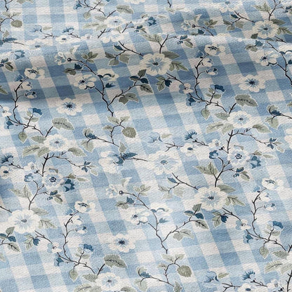 100% LINEN Fabric pink Gingham blue floral print - botanical upholstery home textile artisan fabrics blue white 2744