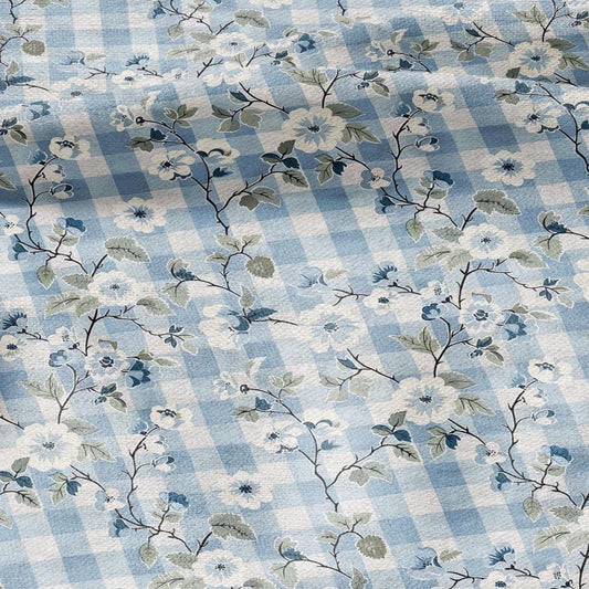 100% LINEN Fabric pink Gingham blue floral print - botanical upholstery home textile artisan fabrics blue white 2744
