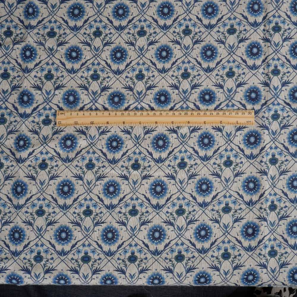 100% LINEN Fabric block print - linen with blue floral print on oatmeal - heavy linen fabric for light upholstery home decor sewing 2324