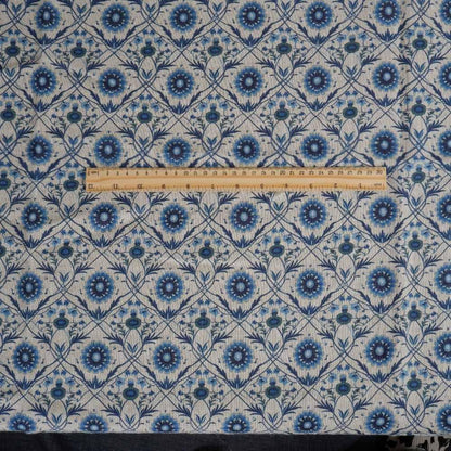 100% LINEN Fabric block print - linen with blue floral print on oatmeal - heavy linen fabric for light upholstery home decor sewing 2324