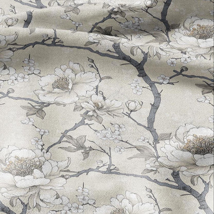 100% LINEN Fabric beige apple blossom print on white linen - floral botanical french linen fabric Provence - linen floral upholstery 2594