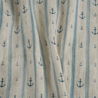 100% LINEN Fabric Anchor stripe print on oatmeal linen - Marine blue gray heavy for upholstery - medium weight linen dress making 2764