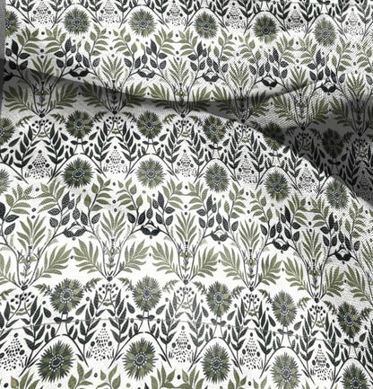 100% LINEN Fabric Floral green white, linen fabric with botanical block print, heavy linen fabric for upholstery home decor curtains cushion