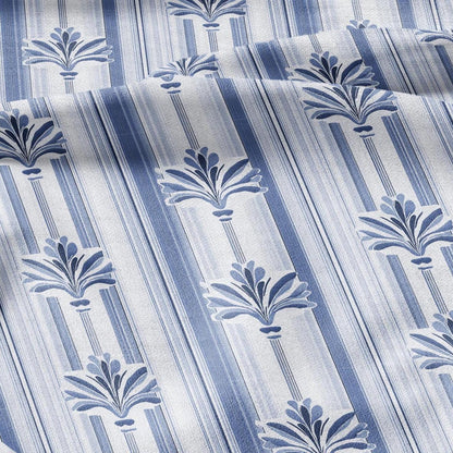 100% LINEN Fabric Stripe Fleur de lis blue print  - floral upholstery home textile artisan fabrics blue white 3129