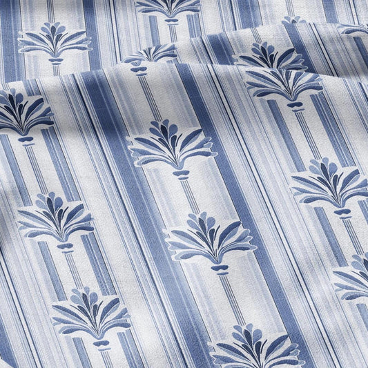 100% LINEN Fabric Stripe Fleur de lis blue print  - floral upholstery home textile artisan fabrics blue white 3129