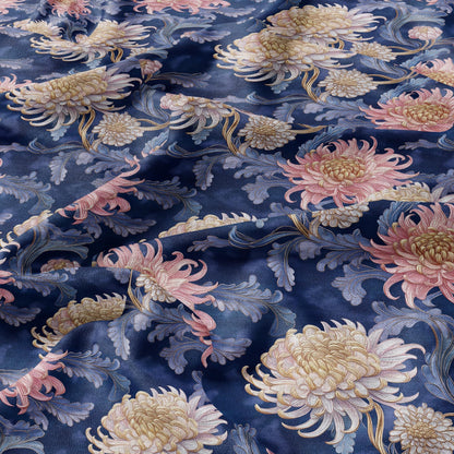 100% LINEN fabric with chrysanthemum print - Victorian Art crafts linen Fabric chinoiserie - Historical upholstery dress making
