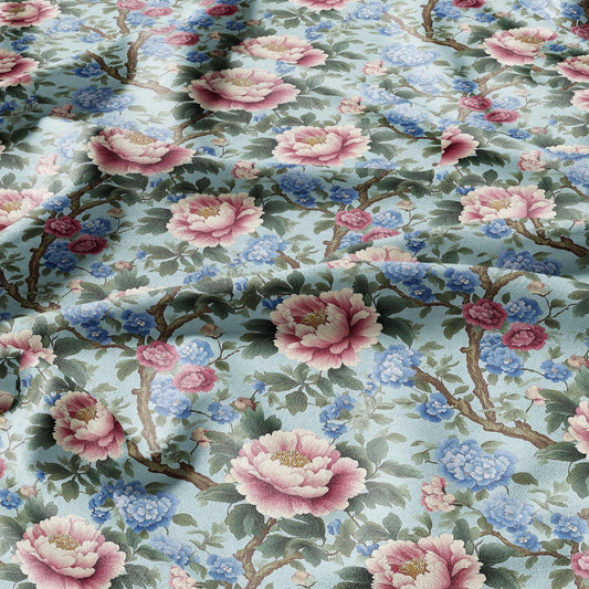 100% LINEN Fabric Chinoiserie Peony print - modern contemporary print on linen fabric upholstery dress making curtains