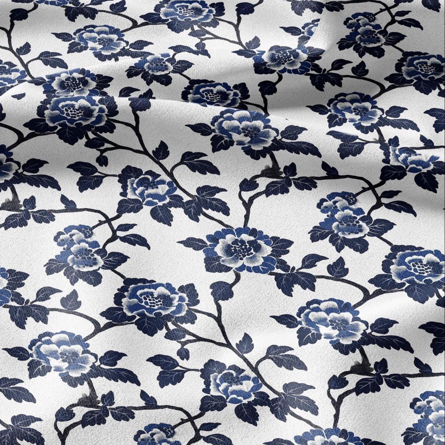 100% LINEN Fabric roses print - indigo blue white floral fabric for upholstery home decor dress making 2381