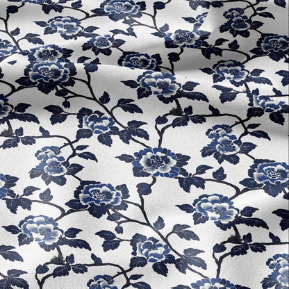 100% LINEN Fabric roses print - indigo blue white floral fabric for upholstery home decor dress making 2381
