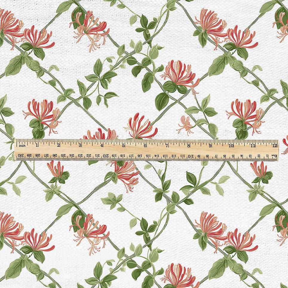 100% linen fabric honeysuckle trellis print - Vintage floral botanical modern Victorian  green pink white 3357