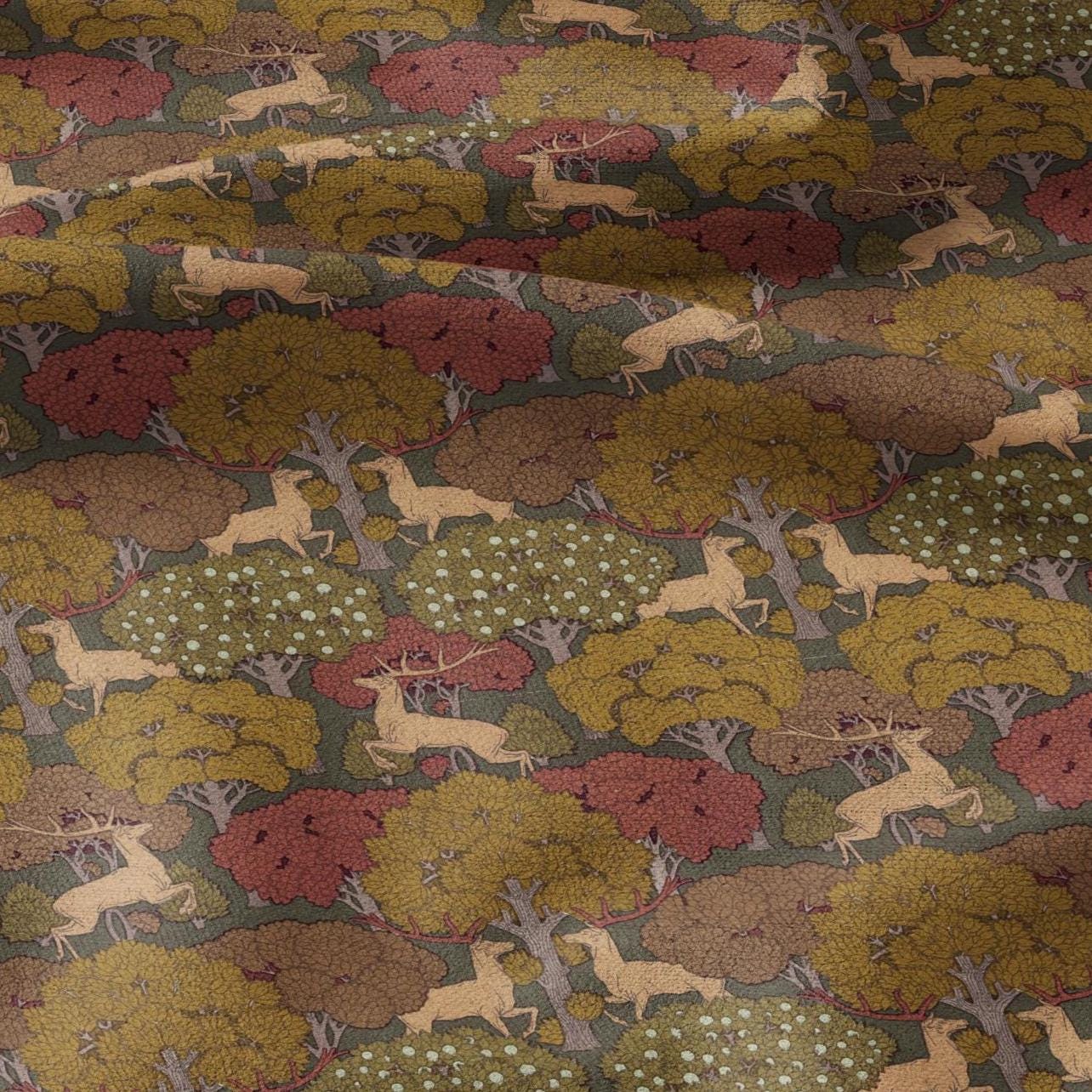 100% linen Deer prints fabric for Curtain Upholstery Cushion - Autumn trees print fabric for dress making sewing