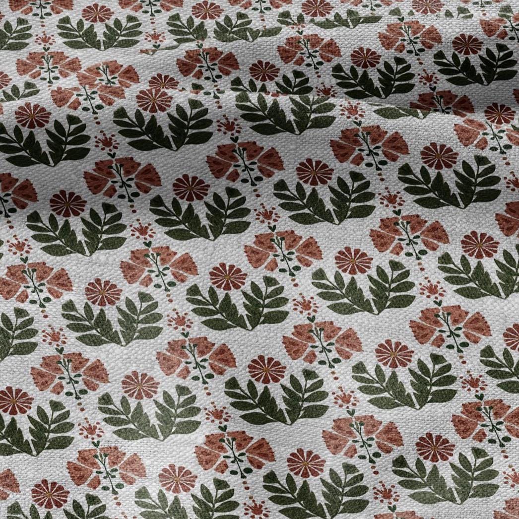 100% LINEN Fabric block print Naive flower - oatmeal natur linen fabric with floral print - heavy for upholstery home decor clothing 3101
