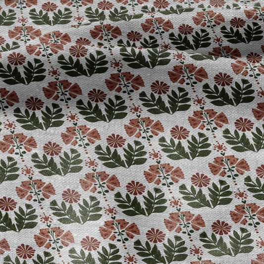100% LINEN Fabric block print Naive flower - oatmeal natur linen fabric with floral print - heavy for upholstery home decor clothing 3101