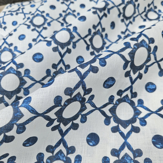 100% LINEN Fabric block print indigo blue on white - linen fabric with blue floral print  heavy linen fabric for upholstery home decor