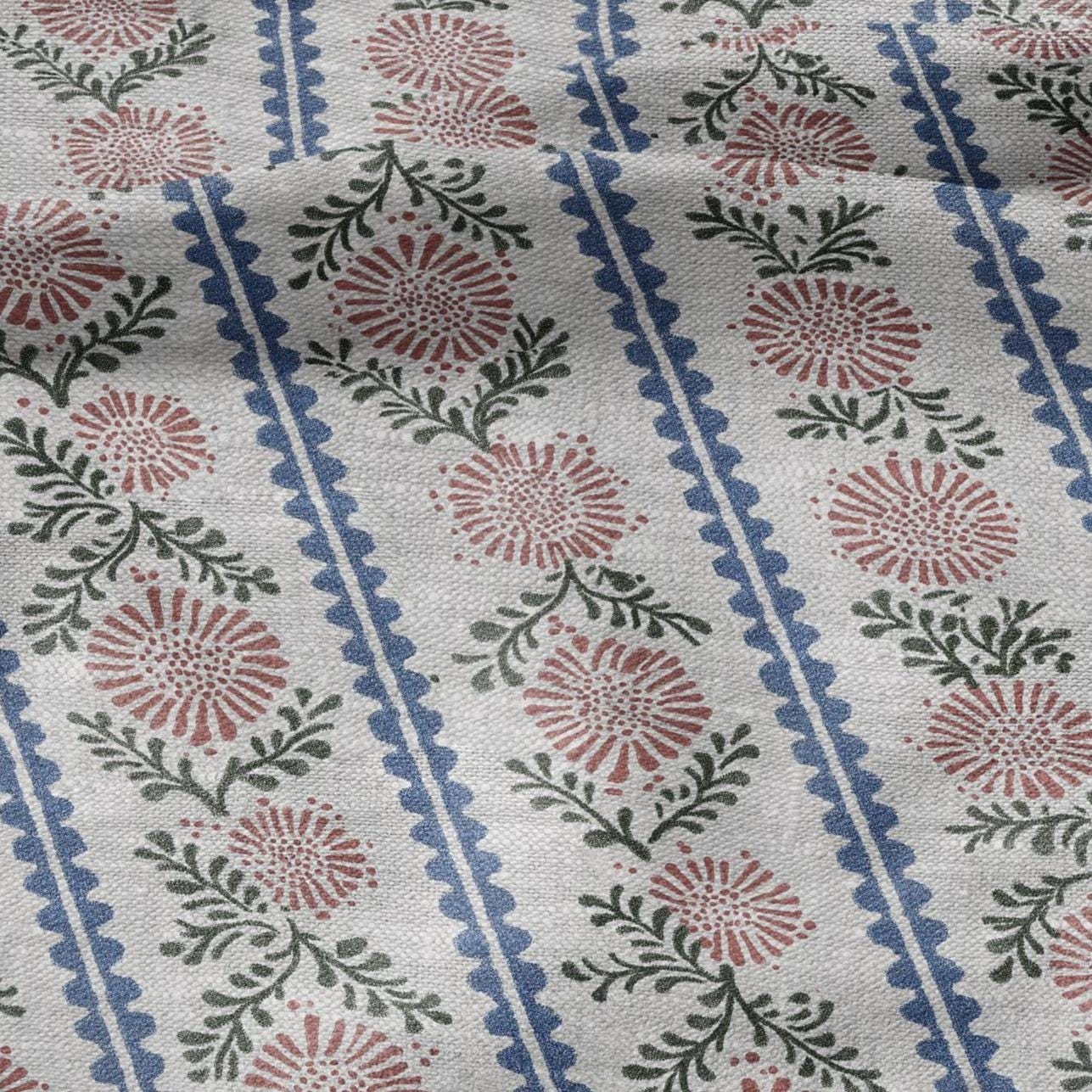 100% LINEN Fabric print Stripe floral pink green blue- oatmeal linen fabric with floral print - heavy for home decor clothing 3102