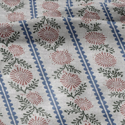 100% LINEN Fabric print Stripe floral pink green blue- oatmeal linen fabric with floral print - heavy for home decor clothing 3102