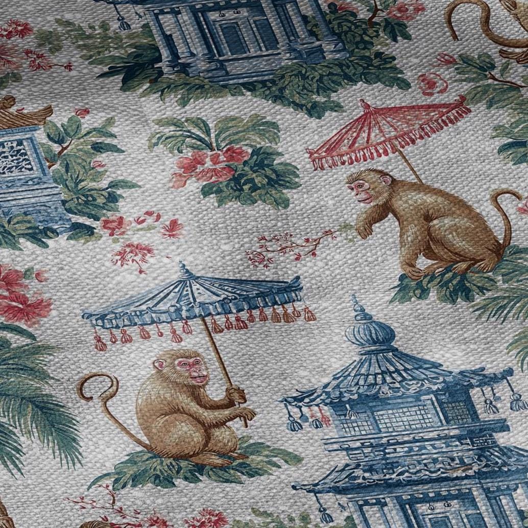 100% LINEN Fabric monkey chinoiserie print - oatmeal linen fabric with chinoiserie print - modern vintage 3338