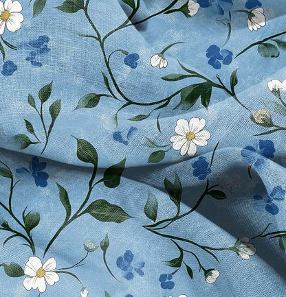100% LINEN Fabric Floral blue print, linen fabric with blue botanical print, heavy linen fabric for upholstery home decor curtains cushions