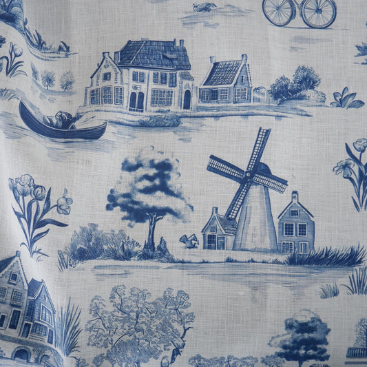 100% LINEN Fabric Delft Holland scenery - linen fabric with blue white print - heavy linen fabric for upholstery home decor tablecloth