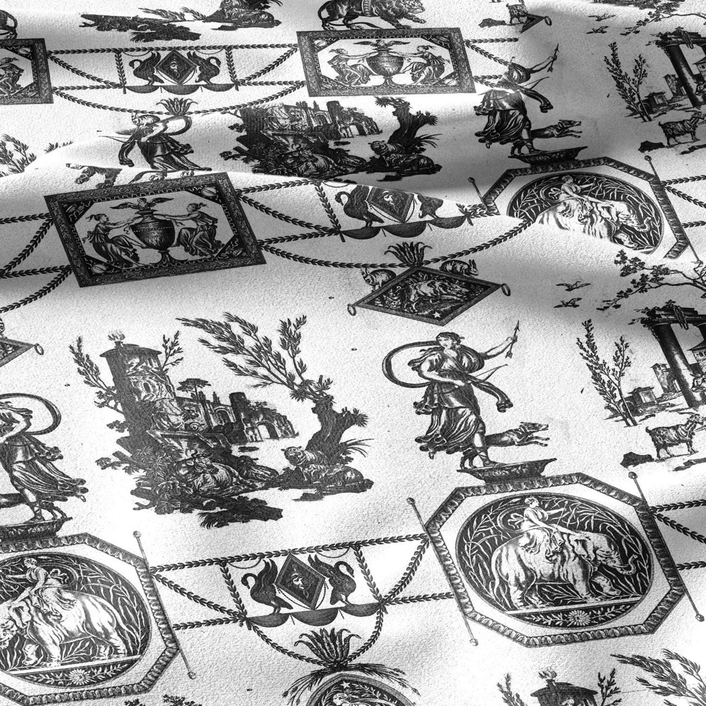 100% LINEN Fabric french black white print - Goddess Diana with Lion - toile de jouy - Diane chasseresse by Jean-Baptiste Huet 3420