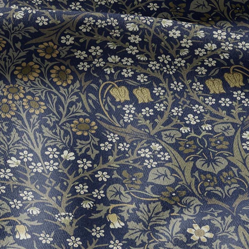 William Morris Blackthorn 100% LINEN Fabric - British linen floral upholstery home textile Victorian fabrics navy blue 3168