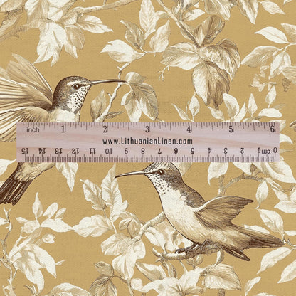 100% LINEN Fabric Colibri print - hummingbird mustard yellow - heavy linen fabric for upholstery home decor or medium for dress making 2404