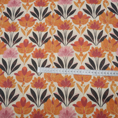 100% LINEN Fabric retro pattern on linen fabric - floral botanical orang  heavy linen fabric for upholstery home decor clothing
