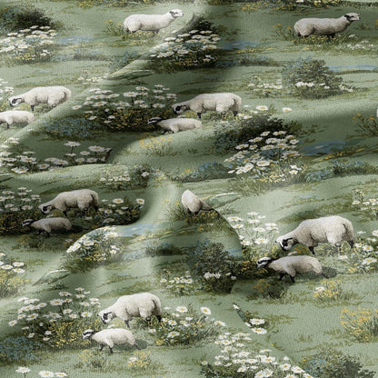 100% LINEN Fabric Sheep in fields white - green white meadow fabric print - Pastoral style French  Nursery fabric 2003