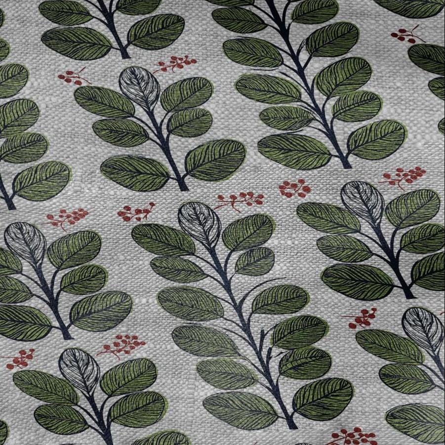 100% LINEN Fabric print green leaves print - floral botanical Mid-century Swedish print - heavy for home decor clothing 2749