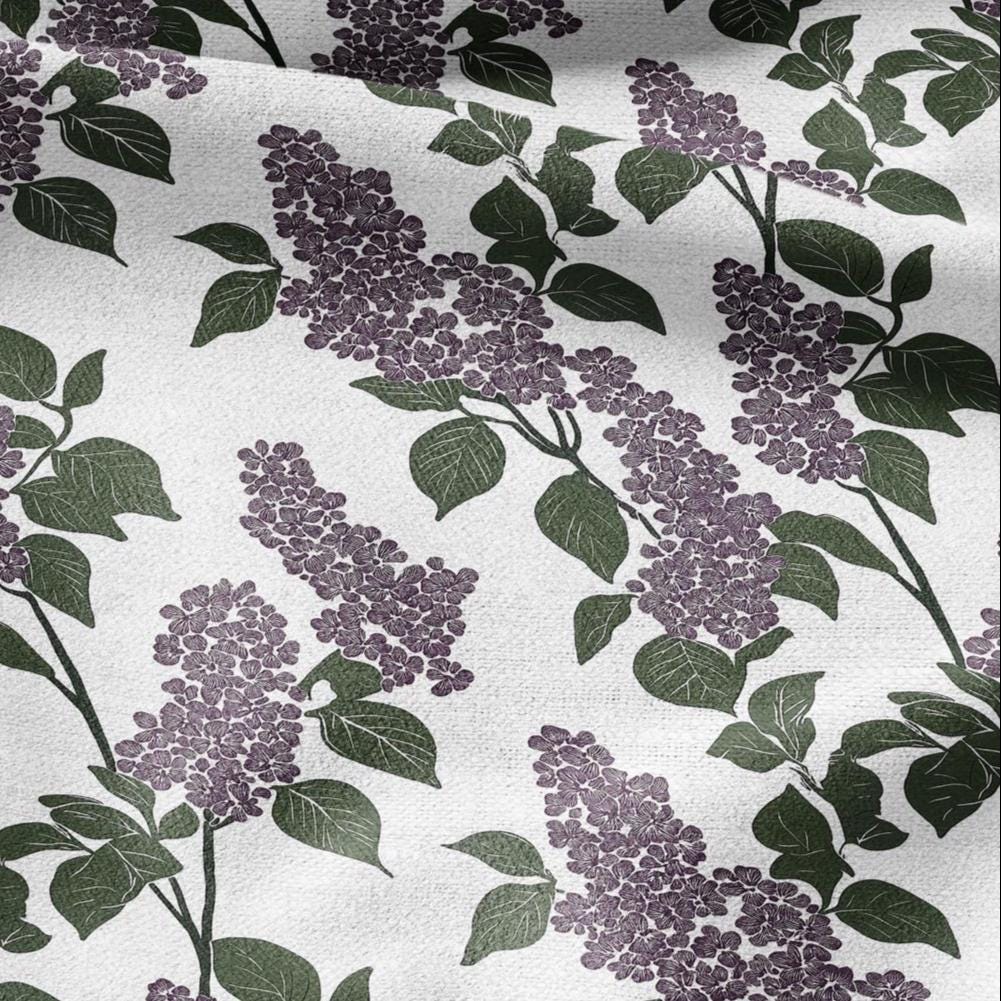 100% LINEN Fabric Block print Lilac blossom - modern vintage botanical flower upholstery home textile artisan green purple white 2355