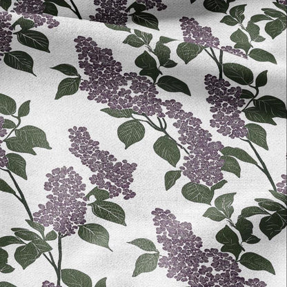 100% LINEN Fabric Block print Lilac blossom - modern vintage botanical flower upholstery home textile artisan green purple white 2355