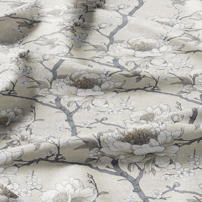 100% LINEN Fabric beige apple blossom print on white linen - floral botanical french linen fabric Provence - linen floral upholstery 2594