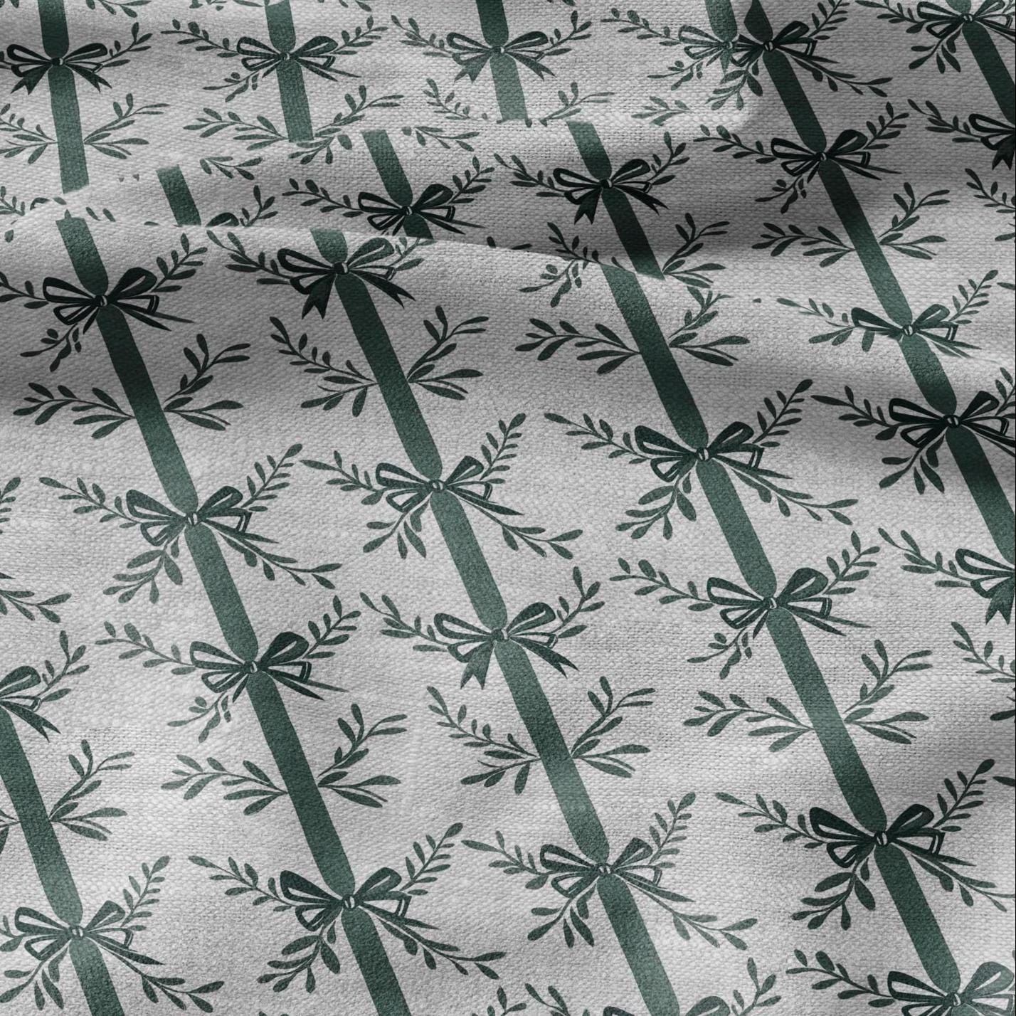 100% LINEN Fabric stripe bow holidays block print on oatmeal linen - French linen floral upholstery 2129